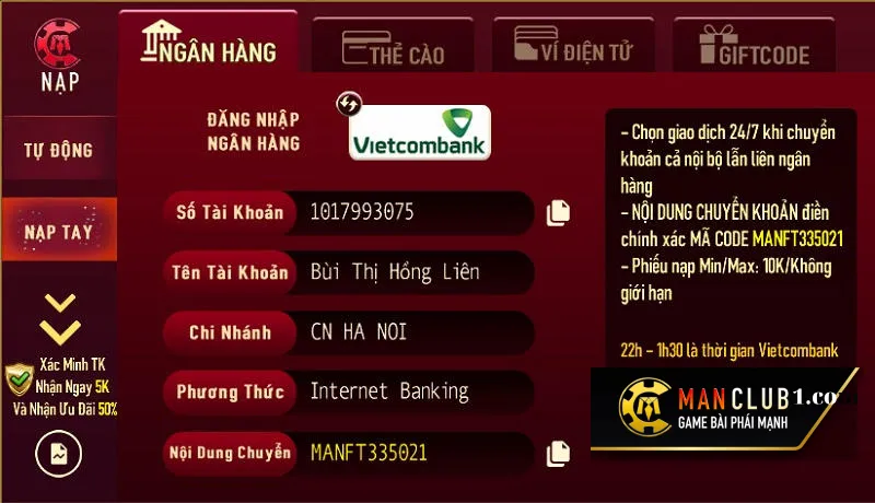 Thanh toán nạp rút tiền Manclub đơn giản